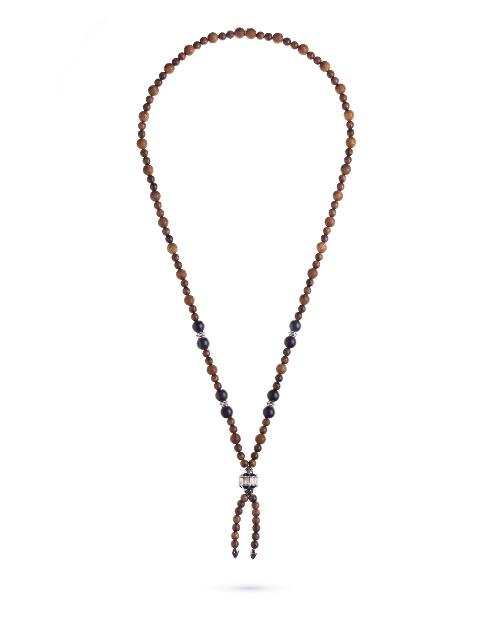 Mala necklace in silver, malachite, enamel, pink tourmalines and wood