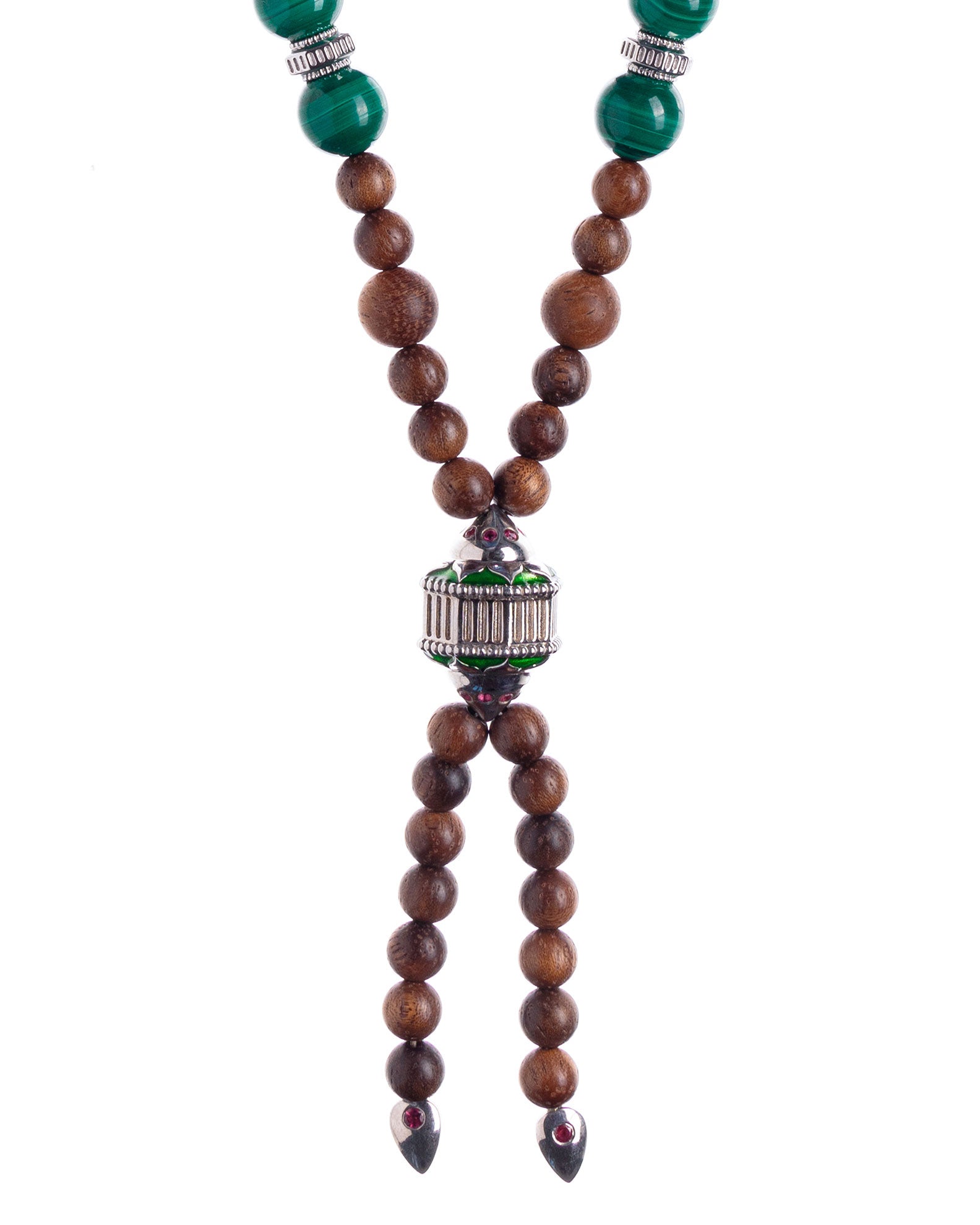 Mala necklace in silver, malachite, enamel, pink tourmalines and wood