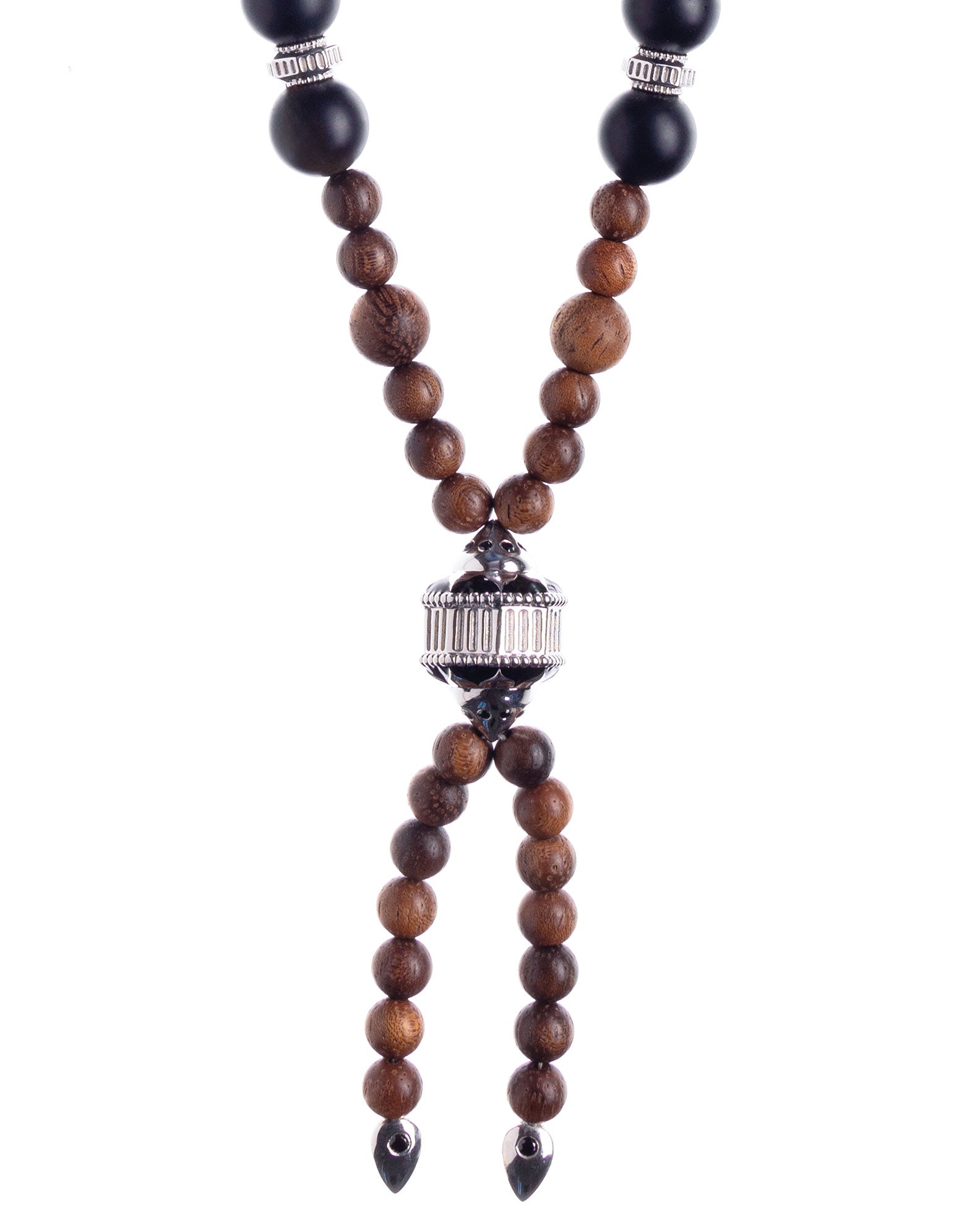 Mala necklace in silver, matte onyx, enamel, black spinels and wood